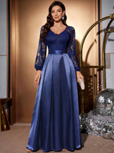 MIUSOL Deep V-Neck Floral Lace Contrast Satin Lantern Sleeve Evening Party Long Dress